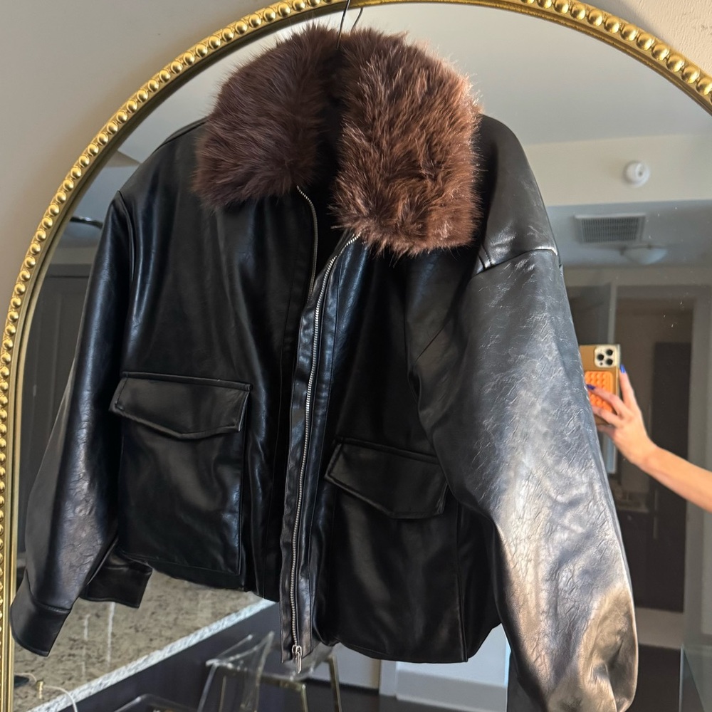 Faux Fur Collar Bomber Jacket